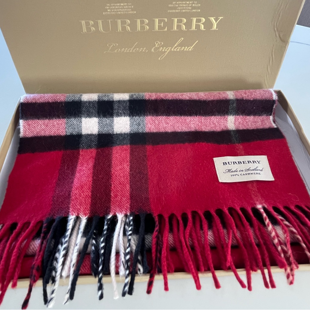 Burberry 100% Cashmere Giant Check Scarf Red, Black & White W/ Box - Worn Once